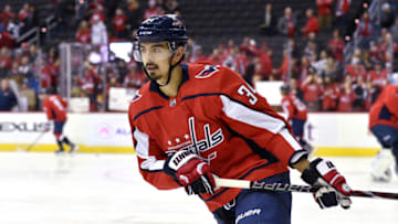 WASHINGTON, DC - FEBRUARY 01: Washington Capitals defenseman Jonas Siegenthaler (34) skates during warm ups before the Calgary Flames vs. the Washington Capitals NHL game on February 1, 2019 at Capital One Arena in Washington, D.C.. (Photo by Randy Litzinger/Icon Sportswire via Getty Images)