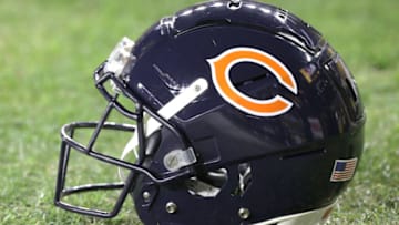 Nov 8, 2021; Pittsburgh, Pennsylvania, USA; A Chicago Bears helmet is seen on the field before the Bears play the Pittsburgh Steelers at Heinz Field. Mandatory Credit: Charles LeClaire-USA TODAY Sports