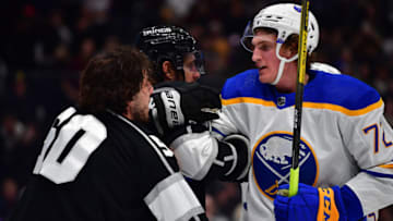 Feb 13, 2023; Los Angeles, California, USA; Buffalo Sabres center Tage Thompson (72) confronts Los Angeles Kings defenseman Sean Durzi (50) during the third period at Crypto.com Arena. Mandatory Credit: Gary A. Vasquez-USA TODAY Sports