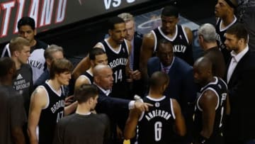 May 14, 2014; Miami, FL, USA; Brooklyn Nets head coach Jason Kidd gathers his team late in the second half against the Miami Heat in game five of the second round of the 2014 NBA Playoffs at American Airlines Arena. The Heat won 96-94. Mandatory Credit: Robert Mayer-USA TODAY Sports