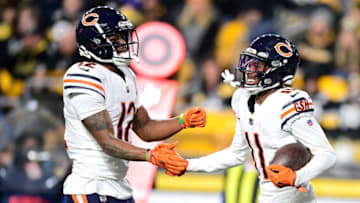 PITTSBURGH, PENNSYLVANIA - NOVEMBER 08: Wide receiver Darnell Mooney #11 celebrates his touchdown with teammate wide receiver Allen Robinson #12 of the Chicago Bears against the Pittsburgh Steelers during the fourth quarter at Heinz Field on November 8, 2021 in Pittsburgh, Pennsylvania. (Photo by Emilee Chinn/Getty Images)