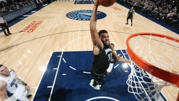 MINNEAPOLIS, MN - JANUARY 4: Karl-Anthony Towns #32 of the Minnesota Timberwolves dunks the ball against the Orlando Magic on January 4, 2019 at Target Center in Minneapolis, Minnesota. NOTE TO USER: User expressly acknowledges and agrees that, by downloading and or using this Photograph, user is consenting to the terms and conditions of the Getty Images License Agreement. Mandatory Copyright Notice: Copyright 2019 NBAE (Photo by David Sherman/NBAE via Getty Images)