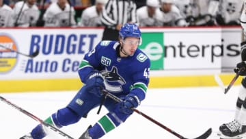 VANCOUVER, BC - OCTOBER 09: Quinn Hughes #43 of the Vancouver Canucks skates against the Los Angeles Kings at Rogers Arena on October 9, 2019 in Vancouver, Canada. (Photo by Ben Nelms/Getty Images)