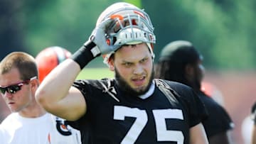 Jul 26, 2014; Berea, OH, USA; Cleveland Browns offensive tackle Joel Bitonio (75) during training camp at the Cleveland Browns training facility. Mandatory Credit: Ken Blaze-USA TODAY Sports