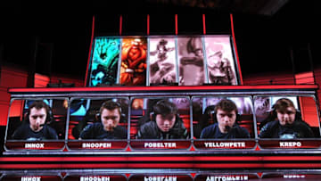 Team members including 'Krepo' of the 'Evil Genius' team are seen on the screen during the live taping of the League of Legends North American Championship Series Spring round robin competition, at the MBS Media Campus in Manhattan Beach, California February 22, 2014. League of Legends, one of the world's most popular multiplayer online battle arena video game, has a fully professional competitive league and a top prize of one million dollars. AFP PHOTO / ROBYN BECK (Photo credit should read ROBYN BECK/AFP/Getty Images)