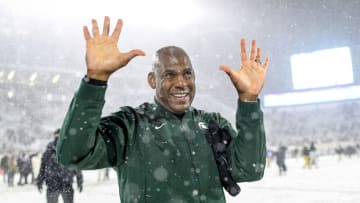 EAST LANSING, MICHIGAN - NOVEMBER 27: Head coach Mel Tucker of the Michigan State Spartans celebrates after the win against the Penn State Nittany Lions at Spartan Stadium on November 27, 2021 in East Lansing, Michigan. (Photo by Nic Antaya/Getty Images)