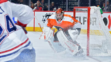 PHILADELPHIA, PA - NOVEMBER 07: Carter Hart #79 of the Philadelphia Flyers looks for the puck against the Montreal Canadiens during the second period at Wells Fargo Center on November 7, 2019 in Philadelphia, Pennsylvania. (Photo by Drew Hallowell/Getty Images)