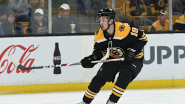 BOSTON, MA - APRIL 6: Zach Senyshyn #19 of the Boston Bruins skates against the Tampa Bay Lightning at the TD Garden on April 6, 2019 in Boston, Massachusetts. (Photo by Steve Babineau/NHLI via Getty Images)