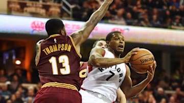 Nov 15, 2016; Cleveland, OH, USA; Cleveland Cavaliers center Tristan Thompson (13) defends Toronto Raptors guard Kyle Lowry (7) during the second half at Quicken Loans Arena. The Cavs won 121-117. Mandatory Credit: Ken Blaze-USA TODAY Sports