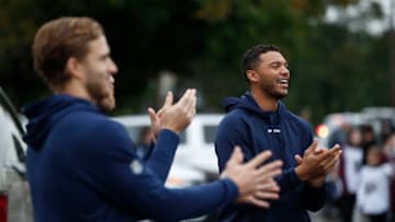 CLINTON, NY - SEPTEMBER 25: Seth Jones #3 of the Columbus Blue Jackets warms up with his teammates before a preseason game against the Buffalo Sabres during the NHL Kraft Hockeyville USA at Clinton Arena on September 25, 2018 in Clinton, New York. (Photo by Patrick McDermott/NHLI via Getty Images)