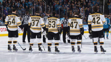 SAN JOSE, CA - FEBRUARY 19: The Boston Bruins line up for the national anthem of the game against the San Jose Sharks at SAP Center on February 19, 2017 in San Jose, California. (Photo by Rocky W. Widner/NHL/Getty Images) *** Local Caption ***