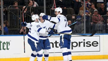 NEW YORK, NY - FEBRUARY 27: Victor Hedman #77 of the Tampa Bay Lightning celebrates with teammates after scoring in overtime to defeat the New York Rangers at Madison Square Garden on February 27, 2019 in New York City. (Photo by Jared Silber/NHLI via Getty Images)