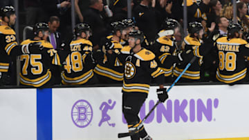 BOSTON, MA - OCTOBER 29: David Krejci #46 of the Boston Bruins celebrates his goal against the San Jose Sharks at the TD Garden on October 29, 2019 in Boston, Massachusetts. (Photo by Steve Babineau/NHLI via Getty Images)