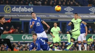 "Manchester City forward Sergio Aguero spectates his shot against Everton during Wednesday's Capital One Cup Semifinal first leg" (Credit to Manchester City Facebook).