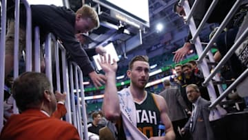 Dec 10, 2016; Salt Lake City, UT, USA; Utah Jazz forward Gordon Hayward (20) is congratulated by fans after their game against the Sacramento Kings at Vivint Smart Home Arena. The Utah Jazz defeated the Sacramento Kings 104-84. Mandatory Credit: Jeff Swinger-USA TODAY Sports