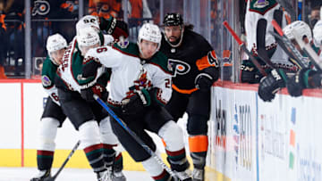 PHILADELPHIA, PENNSYLVANIA - NOVEMBER 02: Antoine Roussel #26 of the Arizona Coyotes chases the puck during the third period against the Philadelphia Flyers at Wells Fargo Center on November 02, 2021 in Philadelphia, Pennsylvania. (Photo by Tim Nwachukwu/Getty Images)