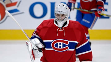 Sep 25, 2015; Montreal, Quebec, CAN; Montreal Canadiens goalie Zachary Fucale (30) skates during the warmup period before the game against the Chicago Blackhawks at the Bell Centre. Mandatory Credit: Eric Bolte-USA TODAY Sports