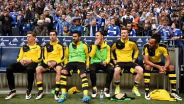 GELSENKIRCHEN, GERMANY - APRIL 10: (L-R) Lukasz Piszczek, Henrikh Mkhitaryan, Ilkay Guendogan, Gonzalo Castro, Marco Reus and Pierre-Emerick Aubameyang of Borussia Dortmund look on from the bench before the Bundesliga match between FC Schalke 04 and Borussia Dortmund at Veltins-Arena on April 10, 2016 in Gelsenkirchen, Germany. (Photo by Dennis Grombkowski/Bongarts/Getty Images)