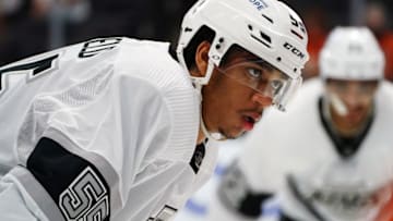 Apr 30, 2021; Anaheim, California, USA; Los Angeles Kings center Quinton Byfield (55) before a face off against the Anaheim Ducks during the first period at Honda Center. Mandatory Credit: Gary A. Vasquez-USA TODAY Sports