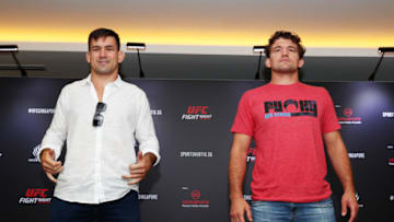 SINGAPORE, SINGAPORE - SEPTEMBER 03: Demian Maia (L) and Ben Askren pose for photos after a UFC Singapore on-sale press conference at the Mandarin Oriental Hotel on September 03, 2019 in Singapore. (Photo by Yong Teck Lim/Zuffa LLC/Zuffa LLC)