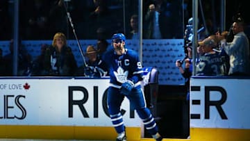 John Tavares #91 of the Toronto Maple Leafs in introduced as the Maple Leafs Captain, prior to during an NHL game against the Ottawa Senators at Scotiabank Arena. (Photo by Vaughn Ridley/Getty Images)
