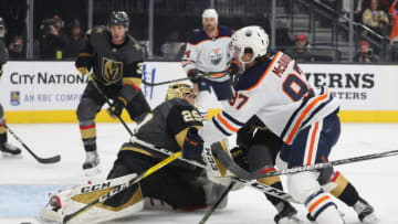 LAS VEGAS, NEVADA - NOVEMBER 23: Connor McDavid #97 of the Edmonton Oilers scores a goal during the first period against the Vegas Golden Knights at T-Mobile Arena on November 23, 2019 in Las Vegas, Nevada. (Photo by Zak Krill/NHLI via Getty Images)