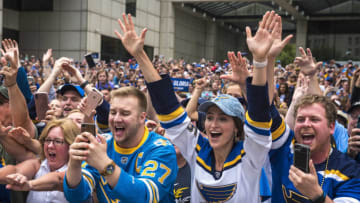 ST LOUIS, MO - JUNE 15: Fans cheer during the St Louis Blues Victory Parade and Rally after winning the 2019 Stanley Cup Final on June 15, 2019 in St Louis, Missouri. (Photo by Nic Antaya/Getty Images)