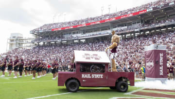 STARKVILLE, MS - SEPTEMBER 21: Mascot Bully of the Mississippi State Bulldogs rides a car on to the field prior to their game against the Kentucky Wildcats at Davis Wade Stadium on September 21, 2019 in Starkville, Mississippi. (Photo by Michael Chang/Getty Images)