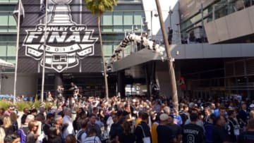 Jun 4, 2014; Los Angeles, CA, USA; A general view as fans arrive before game one of the 2014 Stanley Cup Final between the New York Rangers and the Los Angeles Kings at Staples Center. Mandatory Credit: Kirby Lee-USA TODAY Sports
