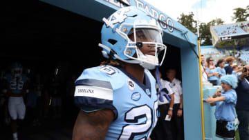 CHAPEL HILL, NC - SEPTEMBER 24: D.J. Jones #26 of the University North Carolina takes the field before a game between Notre Dame and North Carolina at Kenan Memorial Stadium on September 24, 2022 in Chapel Hill, North Carolina. (Photo by Andy Mead/ISI Photos/Getty Images)
