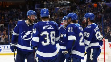 Feb 21, 2023; Tampa, Florida, USA; Tampa Bay Lightning center Brayden Point (21) is congratulated by right wing Nikita Kucherov (86) and left wing Brandon Hagel (38) and center Steven Stamkos (91) and defenseman Victor Hedman (77) after he scored a goal against the Anaheim Ducks during the third period at Amalie Arena. Mandatory Credit: Kim Klement-USA TODAY Sports