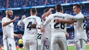 MADRID, SPAIN - NOVEMBER 03: Vinicius Junior of Real Madrid celebrates scoring his team's opening goal with team mates during the La Liga match between Real Madrid CF and Real Valladolid CF at Estadio Santiago Bernabeu on November 3, 2018 in Madrid, Spain. (Photo by Quality Sport Images/Getty Images)