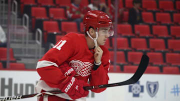 22DETROIT, MI - SEPTEMBER 20: Filip Zadina #11 of the Detroit Red Wings prepares to skate against the Chicago Blackhawks during a pre season game at Little Caesars Arena on September 20, 2018 in Detroit, Michigan. (Photo by Gregory Shamus/Getty Images)