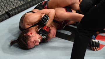 NEWARK, NJ - AUGUST 03: (L-R) Antonina Shevchenko of Kyrgyzstan submits Lucie Pudilova of Czech Republic in their women's flyweight bout during the UFC Fight Night event at the Prudential Center on August 3, 2019 in Newark, New Jersey. (Photo by Josh Hedges/Zuffa LLC/Zuffa LLC via Getty Images)