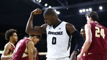 Dec 9, 2015; Providence, RI, USA; Providence Friars forward Ben Bentil (0) celebrates against the Boston College Eagles during the first half at Dunkin Donuts Center. Mandatory Credit: Mark L. Baer-USA TODAY Sports