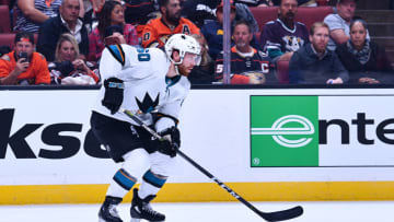 ANAHEIM, CA - SEPTEMBER 20: San Jose Sharks center Rourke Chartier (60) in action during a NHL preseason game between the Anaheim Ducks and the San Jose Sharks played on September 20, 2018 at the Honda Center in Anaheim, CA.