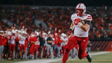 CHAMPAIGN, IL - SEPTEMBER 21: Jack Stoll #86 of the Nebraska Cornhuskers crosses the goal line for a touchdown during the first half against the Illinois Fighting Illini at Memorial Stadium on September 21, 2019 in Champaign, Illinois. (Photo by Michael Hickey/Getty Images)