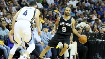 Apr 22, 2016; Memphis, TN, USA; San Antonio Spurs guard Tony Parker (9) dribbles in the first half against the Memphis Grizzlies in game three of the first round of the NBA Playoffs at FedExForum. Mandatory Credit: Nelson Chenault-USA TODAY Sports