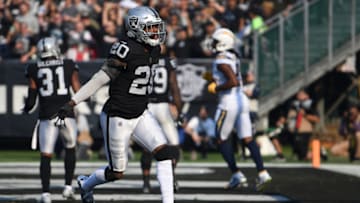 OAKLAND, CA - NOVEMBER 11: Daryl Worley #20 of the Oakland Raiders reacts to a play against the Los Angeles Chargers during their NFL game at Oakland-Alameda County Coliseum on November 11, 2018 in Oakland, California. (Photo by Thearon W. Henderson/Getty Images)