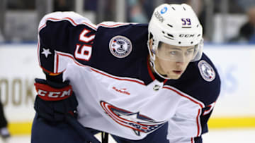 NEW YORK, NEW YORK - OCTOBER 23: Yegor Chinakhov #59 of the Columbus Blue Jackets skates against the New York Rangers at Madison Square Garden on October 23, 2022 in New York City. The Blue Jackets defeated the Rangers 5-1. (Photo by Bruce Bennett/Getty Images)