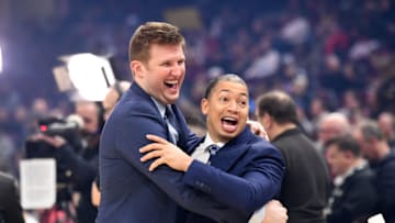 CLEVELAND, OHIO - FEBRUARY 09: Assistant coach Dan Geriot of the Cleveland Cavaliers celebrates with former Cavaliers head coach and current LA Clippers assistant coach Tyronn Lue prior to the game at Rocket Mortgage Fieldhouse on February 09, 2020 in Cleveland, Ohio. NOTE TO USER: User expressly acknowledges and agrees that, by downloading and/or using this photograph, user is consenting to the terms and conditions of the Getty Images License Agreement. (Photo by Jason Miller/Getty Images)