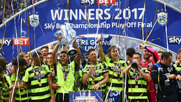 LONDON, ENGLAND - MAY 29: Huddersfield Town celebrate winning the play off final during the Sky Bet Championship Play Off Final match between Reading and Huddersfield Town at Wembley Stadium on May 29, 2017 in London, England. (Photo by Robbie Jay Barratt - AMA/Getty Images)