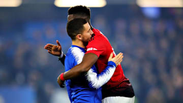 LONDON, ENGLAND - FEBRUARY 18: Paul Pogba of Manchester United hugs Eden Hazard of Chelsea before the FA Cup Fifth Round match between Chelsea and Manchester United at Stamford Bridge on February 18, 2019 in London, United Kingdom. (Photo by Chris Brunskill/Fantasista/Getty Images)