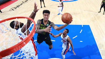 Atlanta Hawks John Collins shoots over Detroit Pistons Andre Drummond. (Photo by Brian Sevald/NBAE via Getty Images)