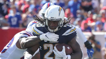 BUFFALO, NY - SEPTEMBER 16: Melvin Gordon III #28 of the Los Angeles Chargers carries the football during NFL game action against the Buffalo Bills at New Era Field on September 16, 2018 in Buffalo, New York. (Photo by Tom Szczerbowski/Getty Images)