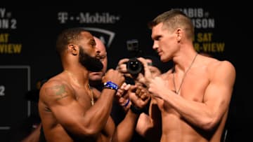 LAS VEGAS, NV - MARCH 03: (L-R) UFC welterweight champion Tyron Woodley and Stephen Thompson face off during the UFC 209 weigh-in at T-Mobile arena on March 3, 2017 in Las Vegas, Nevada. (Photo by Josh Hedges/Zuffa LLC/Zuffa LLC via Getty Images)
