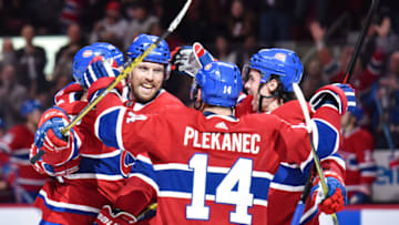 MONTREAL, QC - NOVEMBER 16: Montreal Canadiens Defenceman Shea Weber (6) celebrates his goal with his teammates making the score 4-3 Canadiens, during the Arizona Coyotes versus the Montreal Canadiens game on November 16, 2017, at Bell Centre in Montreal, QC (Photo by David Kirouac/Icon Sportswire via Getty Images)