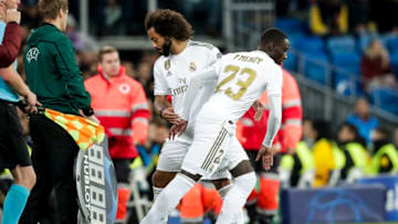 MADRID, SPAIN - NOVEMBER 6: (L-R) Marcelo of Real Madrid, Mendy of Real Madrid during the UEFA Champions League match between Real Madrid v Galatasaray at the Santiago Bernabeu on November 6, 2019 in Madrid Spain (Photo by David S. Bustamante/Soccrates/Getty Images)