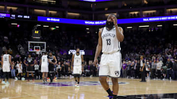 Feb 2, 2022; Sacramento, California, USA; Brooklyn Nets guard James Harden (13) walks off the court during the fourth quarter against the Sacramento Kings at Golden 1 Center. Mandatory Credit: Sergio Estrada-USA TODAY Sports