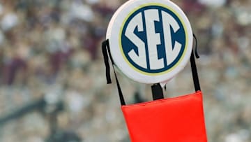 Sep 3, 2016; College Station, TX, USA; The SEC logo on the chains during a game between the Texas A&M Aggies and the UCLA Bruins at Kyle Field. Texas A&M won in overtime 31-24. Mandatory Credit: Ray Carlin-USA TODAY Sports